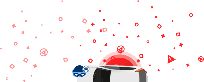 Grafika przedstawiająca samochód owinięty taśmą, maskę włamywacza i czapkę z ikoną samochodu na czerwonym tle. Ten obraz przedstawia dostęp do baz danych skradzionych pojazdów w celu sprawdzenia, czy samochód został skradziony.