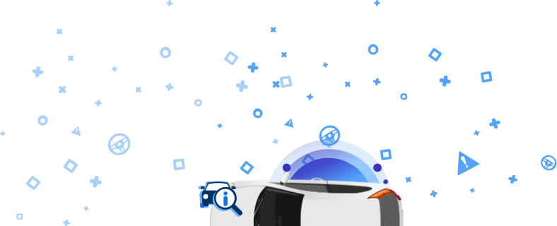 Ilustracja zawierająca biały samochód od góry z niebieskimi ikonami wokół oraz napisem VIN.