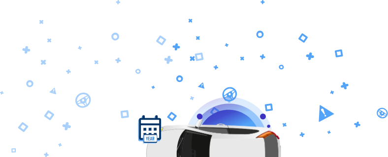 Biały samochód widziany od góry z niebieskimi ikonami, w tym napis 'ZWRÓĆ UWAGĘ' oraz 'VIN' i inne symbole motoryzacyjne.