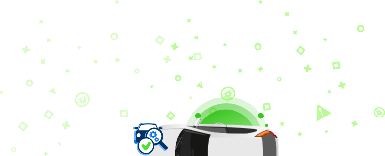 Biały samochód od góry i ikonami wokół, w tym napis 'ZWRÓĆ UWAGĘ' oraz symbol 'VIN' i inne symbole motoryzacyjne