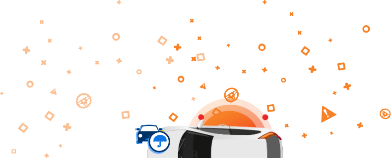 Biały samochód widziany od góry z pomarańczowymi ikonami, w tym napis 'ZWRÓĆ UWAGĘ' oraz 'VIN' i inne symbole motoryzacyjne