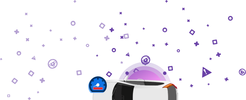 Obraz przedstawiający uszkodzony pojazd z drogomierzem pokazującym czerwony pasek na fioletowym tle.