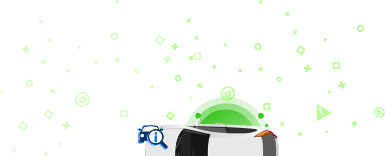 Ilustracja przedstawiająca samochód z lupą wyświetlającą ikonę informacji na zielonym tle z dekoracyjnymi kształtami. Ten obraz oznacza sprawdzenie numeru VIN pojazdu w celu uzyskania szczegółowych informacji.