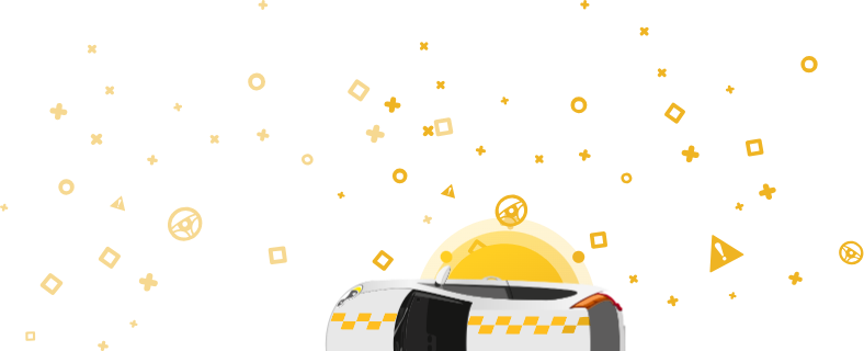 Wizerunek samochodu ze znakiem taksówki na górze, na żółtym tle z geometrycznymi kształtami. Ta grafika jest związana z przeznaczeniem pojazdu, pokazując, że był on obsługiwany jako taksówka.