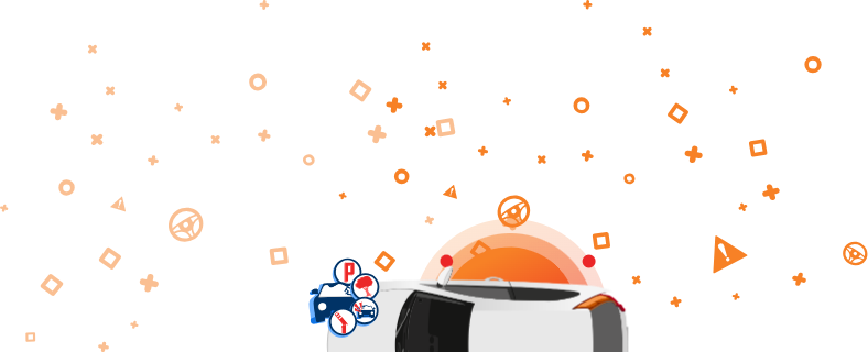 Ilustracja uszkodzonego auta z ikonami klimatyzacji, wspomagania parkowania i podgrzewanych siedzeń na pomarańczowym tle.