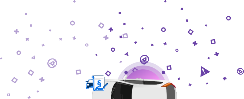 Obraz przedstawiający samochód z dokumentem przedstawiającym symbol paragrafu i podpis, umieszczony na fioletowym tle. Ikona ta wskazuje na obecność zastawów skarbowych na pojeździe.
