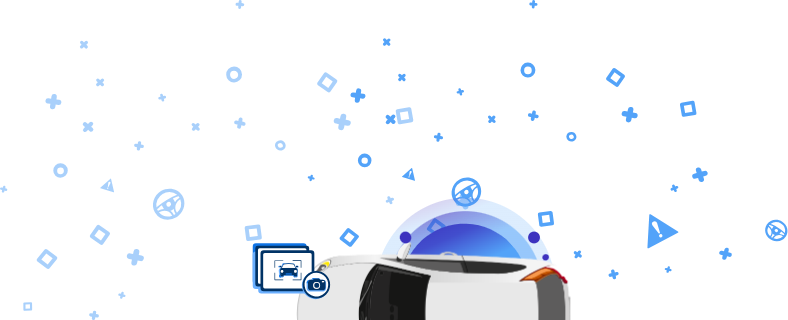 Obraz przedstawiający uszkodzony samochód z ikoną aparatu i ikoną samochodu na niebieskim tle z elementami dekoracyjnymi. Ikona ta oznacza dołączenie zdjęć pojazdu w celu uzyskania szczegółowego zapisu wizualnego.