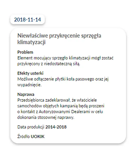 Raport Historii Pojazdu autoDNA - akcje serwisowe