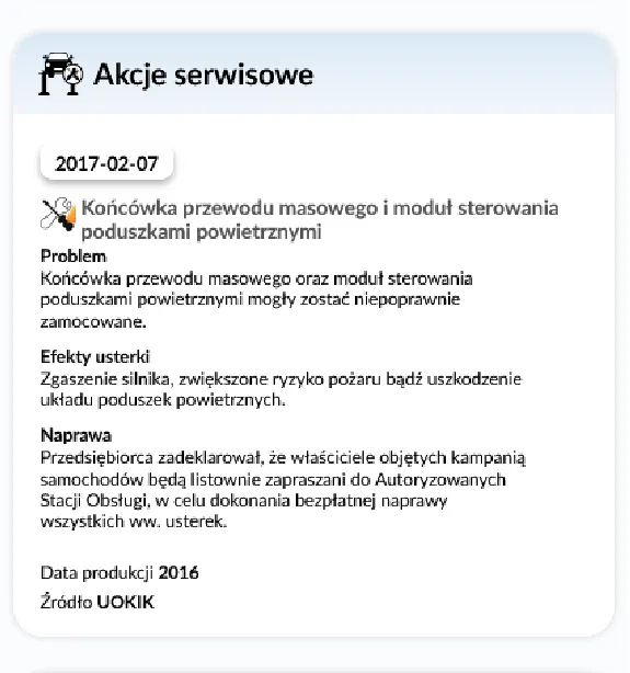 Raport Historii Pojazdu autoDNA - akcje serwisowe