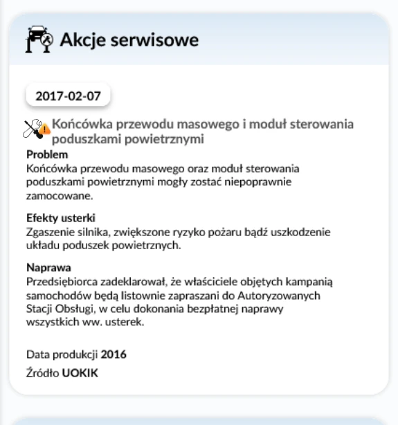 Raport Historii Pojazdu autoDNA - akcje serwisowe