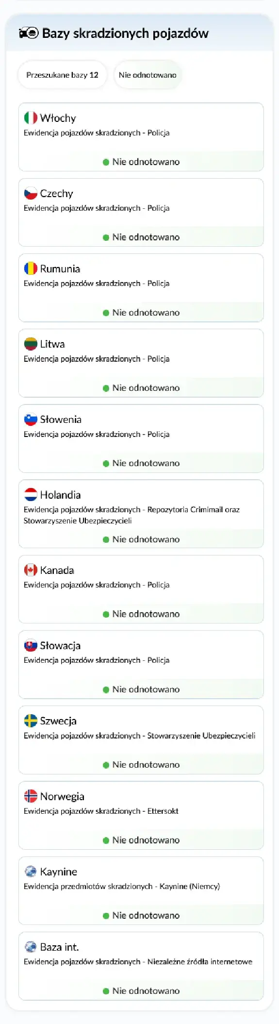 Raport Historii Pojazdu autoDNA - baza skradzionych pojazd&oacute;w