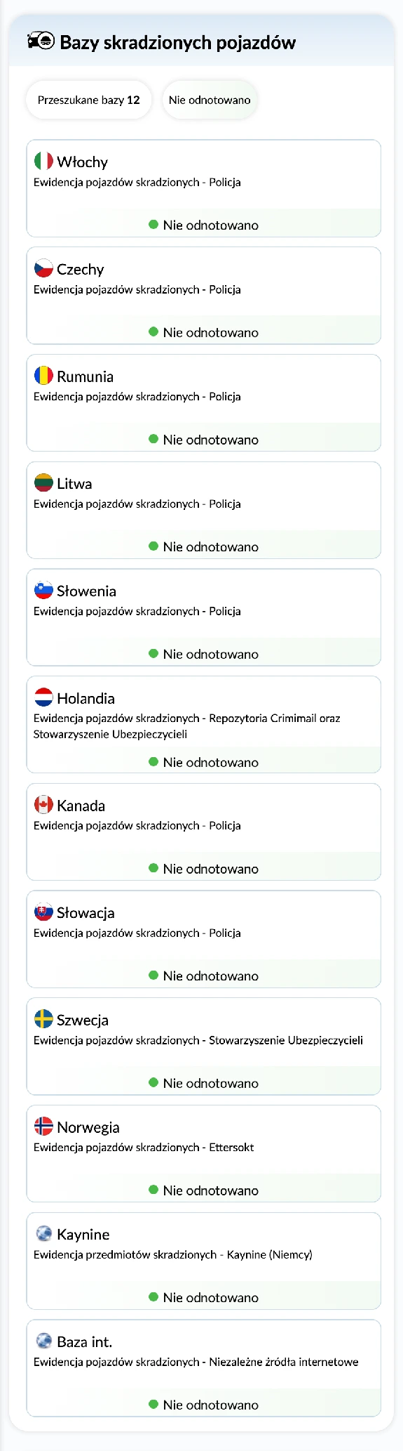 Raport Historii Pojazdu autoDNA - baza skradzionych pojazd&oacute;w
