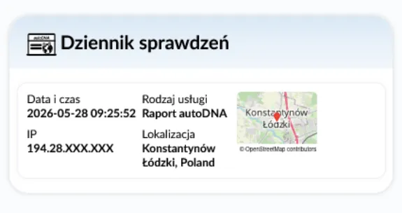 Raport Historii Pojazdu autoDNA - dziennik sprawdzeń