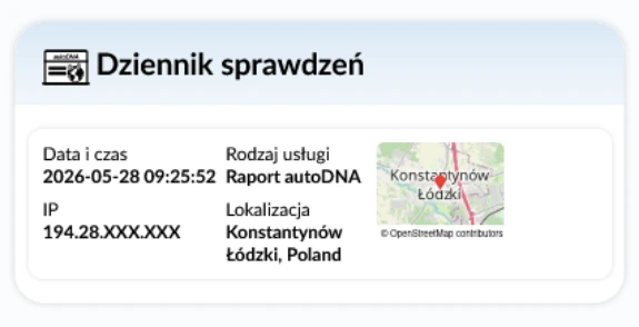 Raport Historii Pojazdu autoDNA - dziennik sprawdzeń