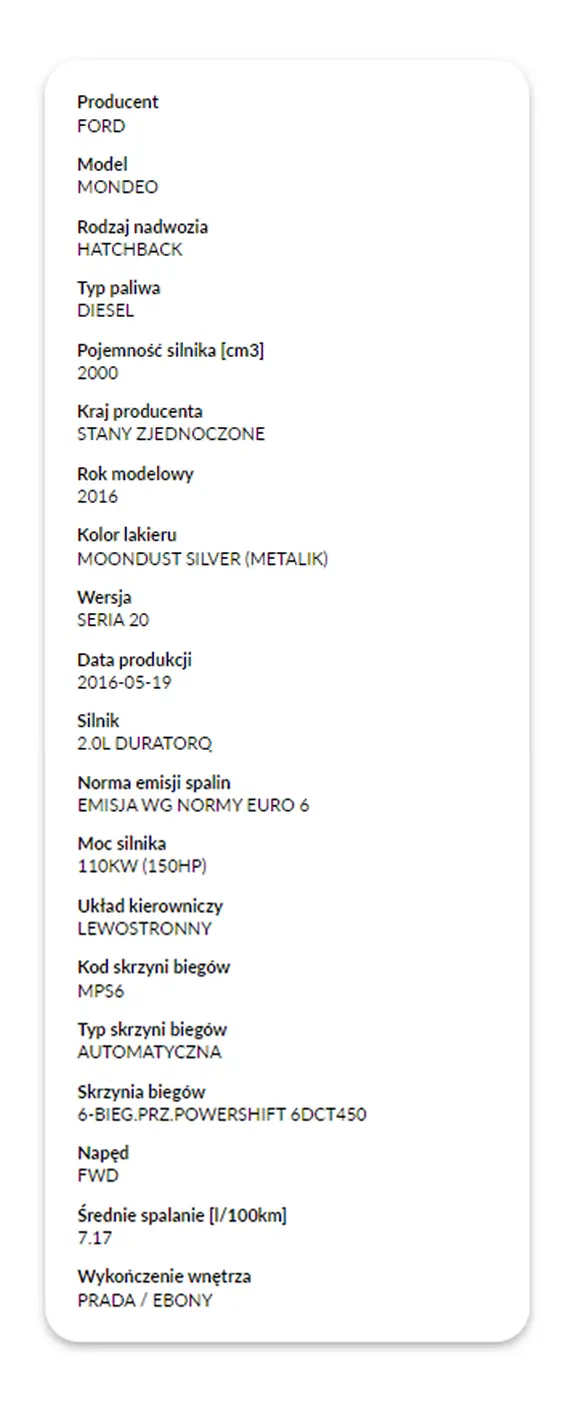 Raport Historii Pojazdu autoDNA - informacje o pojeździe