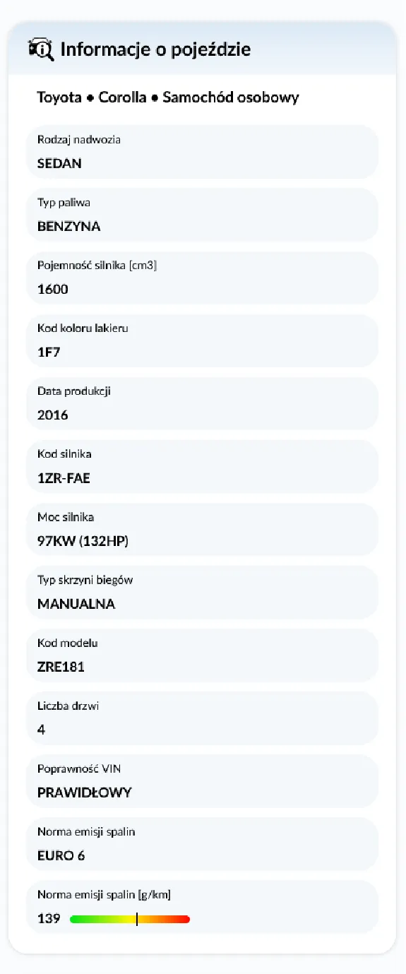 Raport Historii Pojazdu autoDNA - informacje o pojeździe