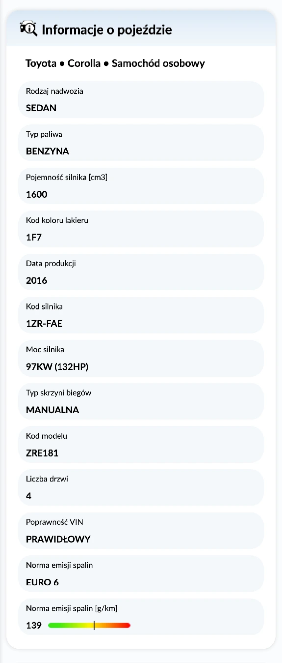 Raport Historii Pojazdu autoDNA - informacje o pojeździe