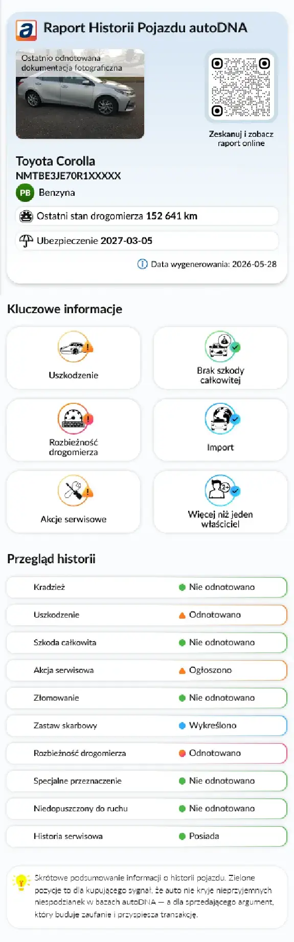 Raport Historii Pojazdu autoDNA - informacje wstępne