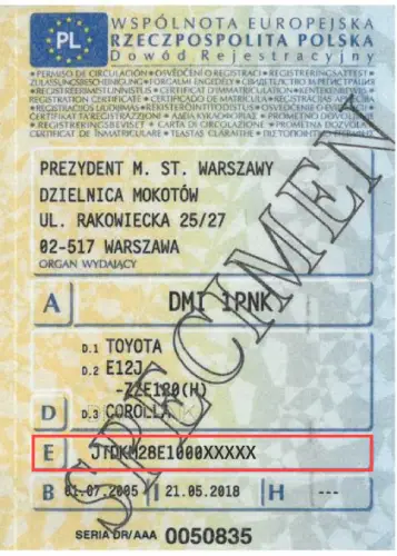 Gdzie znaleźć numer VIN - pole E w polskim dowodzie rejestracyjnym