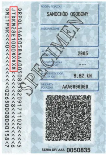 Gdzie znaleźć numer VIN przykład - ostatnia strona polskiego dowodu rejestracyjnego