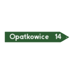 E – 4 Drogowskaz w kształcie strzały do miejscowości podający do niej odległość