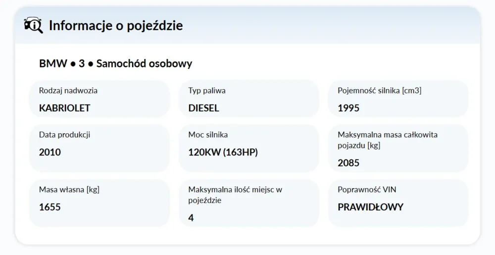 Raport pokazuje dane techniczne przypisane do numeru VIN, więc łatwo porównać je z ogłoszeniem Raport pokazuje dane techniczne przypisane do numeru VIN, więc łatwo porównać je z ogłoszeniem
